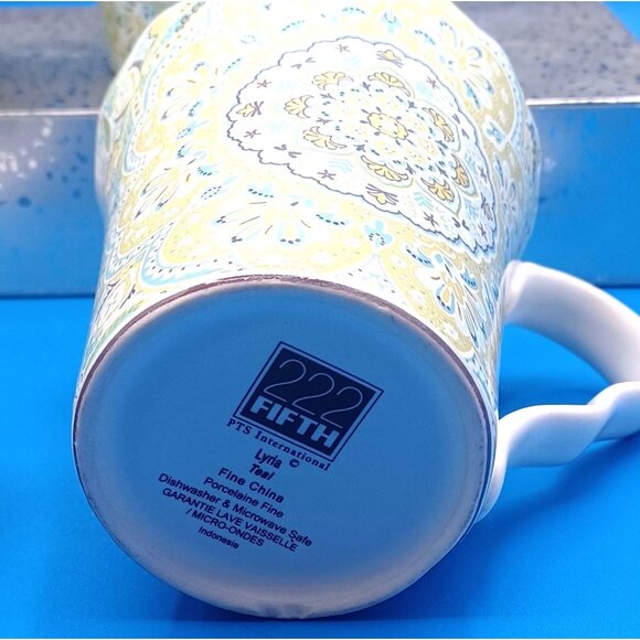 222 Fifth Lyria Teal Paisley Medallion Coffee Mugs Set Of 4 Porcelain Scalloped - Picture 13 of 14